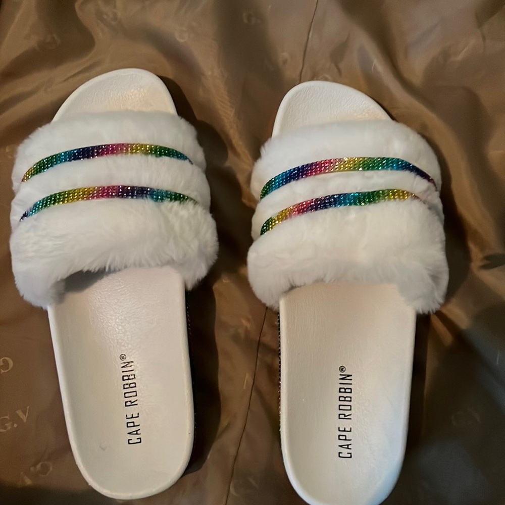 Brand new white, and rainbow bling women's slides. Size 9. Never worn.